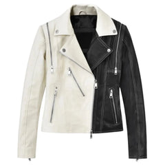 Women's Black and White Color Block Leather Jacket