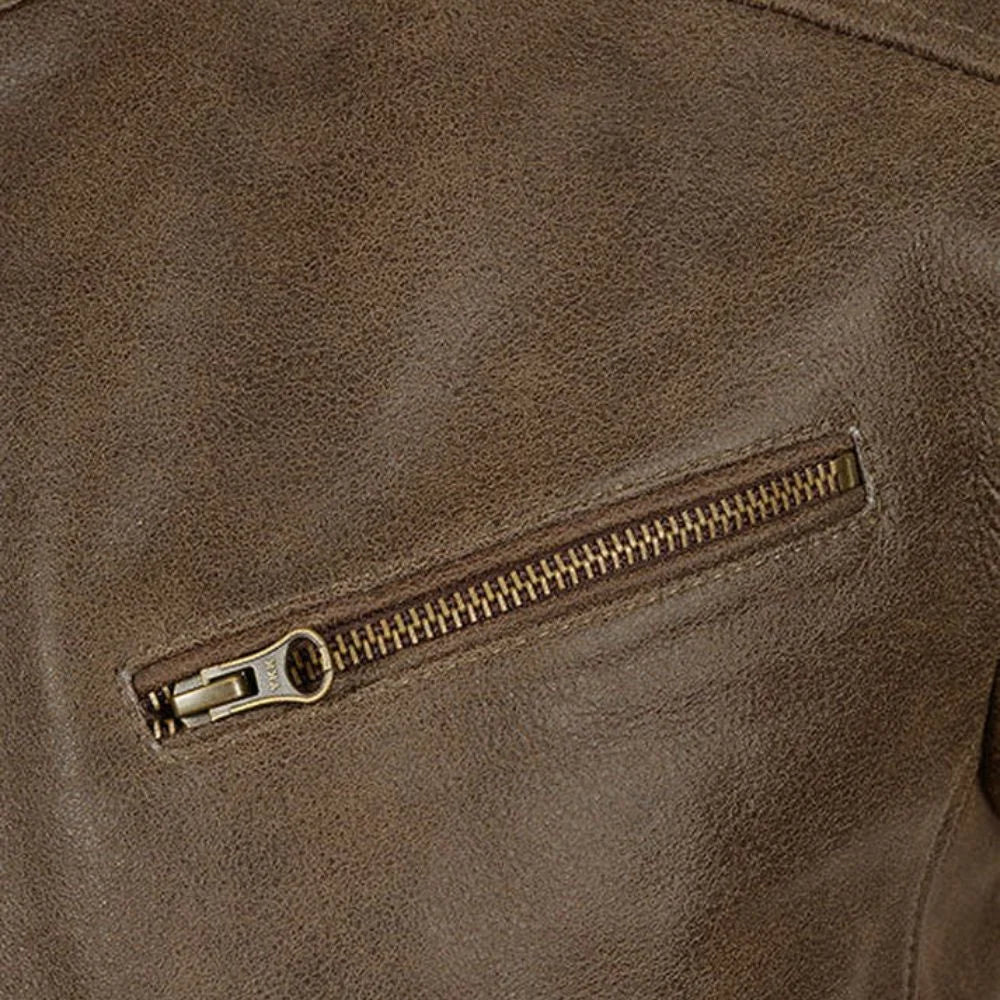 Brown Leather Banded-Collar Chest-Zip Jacket