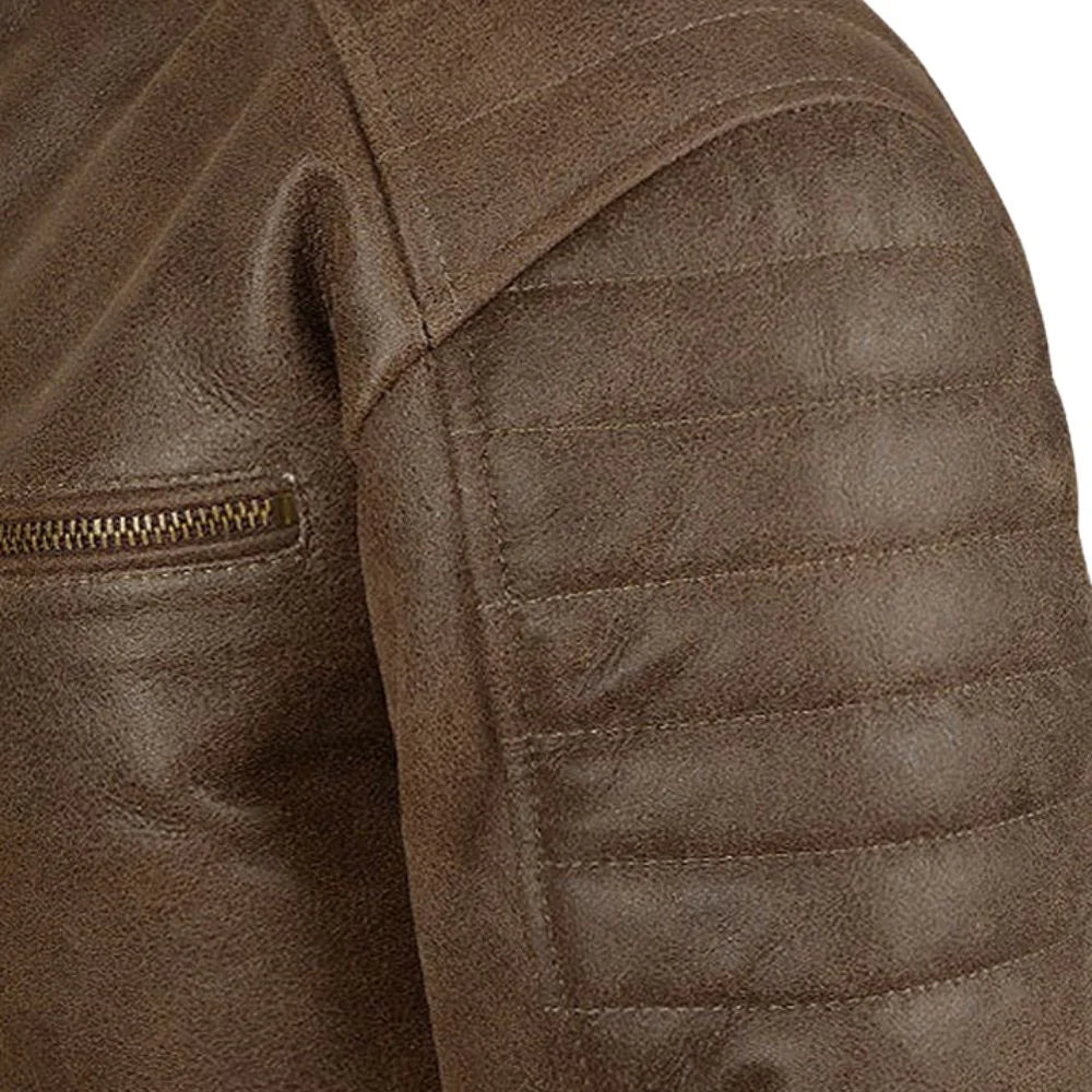 Brown Leather Banded-Collar Chest-Zip Jacket