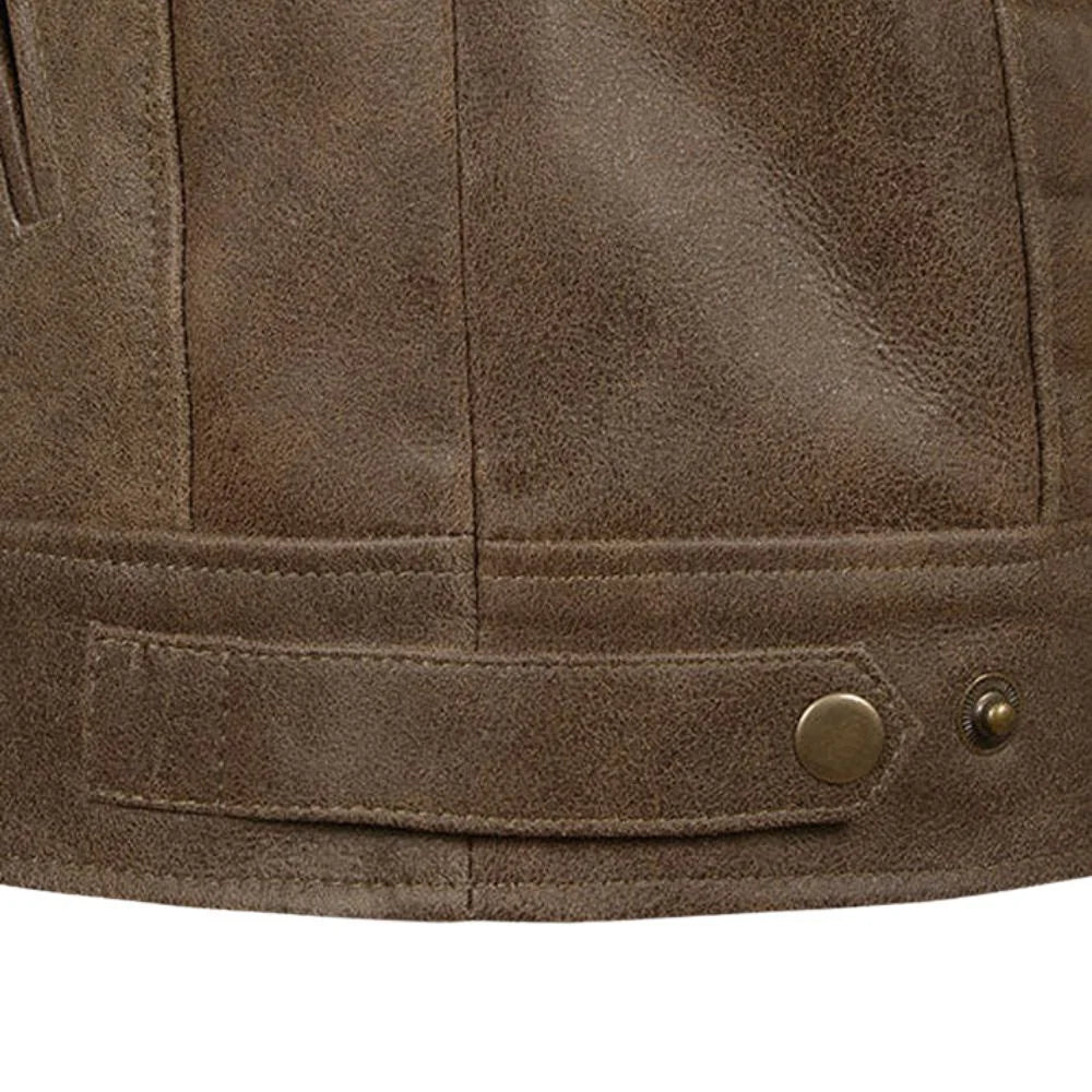 Brown Leather Banded-Collar Chest-Zip Jacket