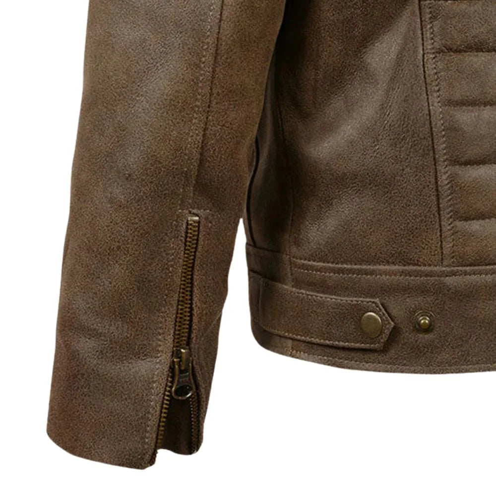 Brown Leather Banded-Collar Chest-Zip Jacket