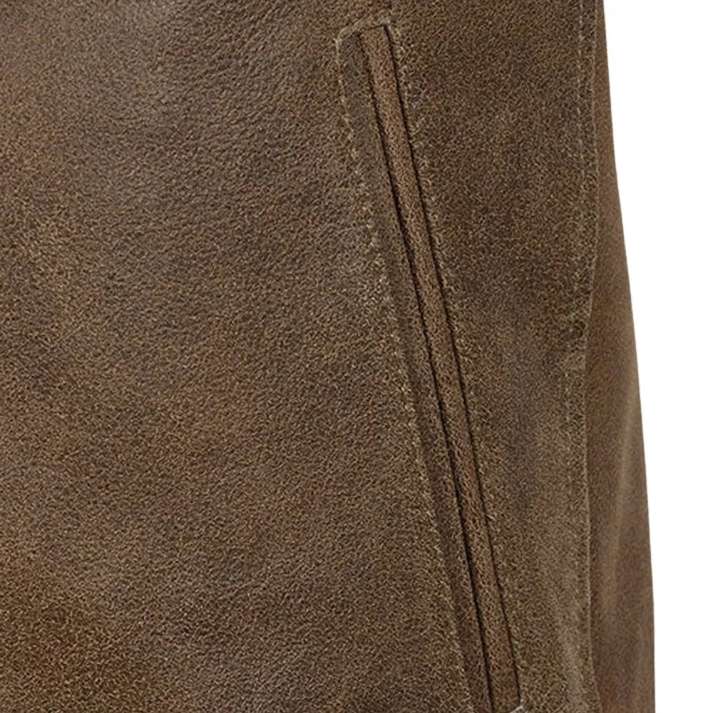 Brown Leather Banded-Collar Chest-Zip Jacket