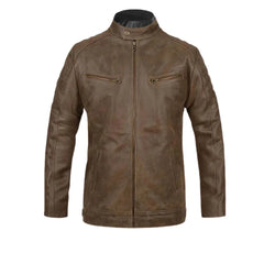 Brown Leather Banded-Collar Chest-Zip Jacket