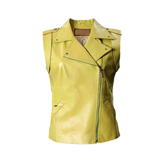 Trendy Yellow Leather Vest Jacket for Women