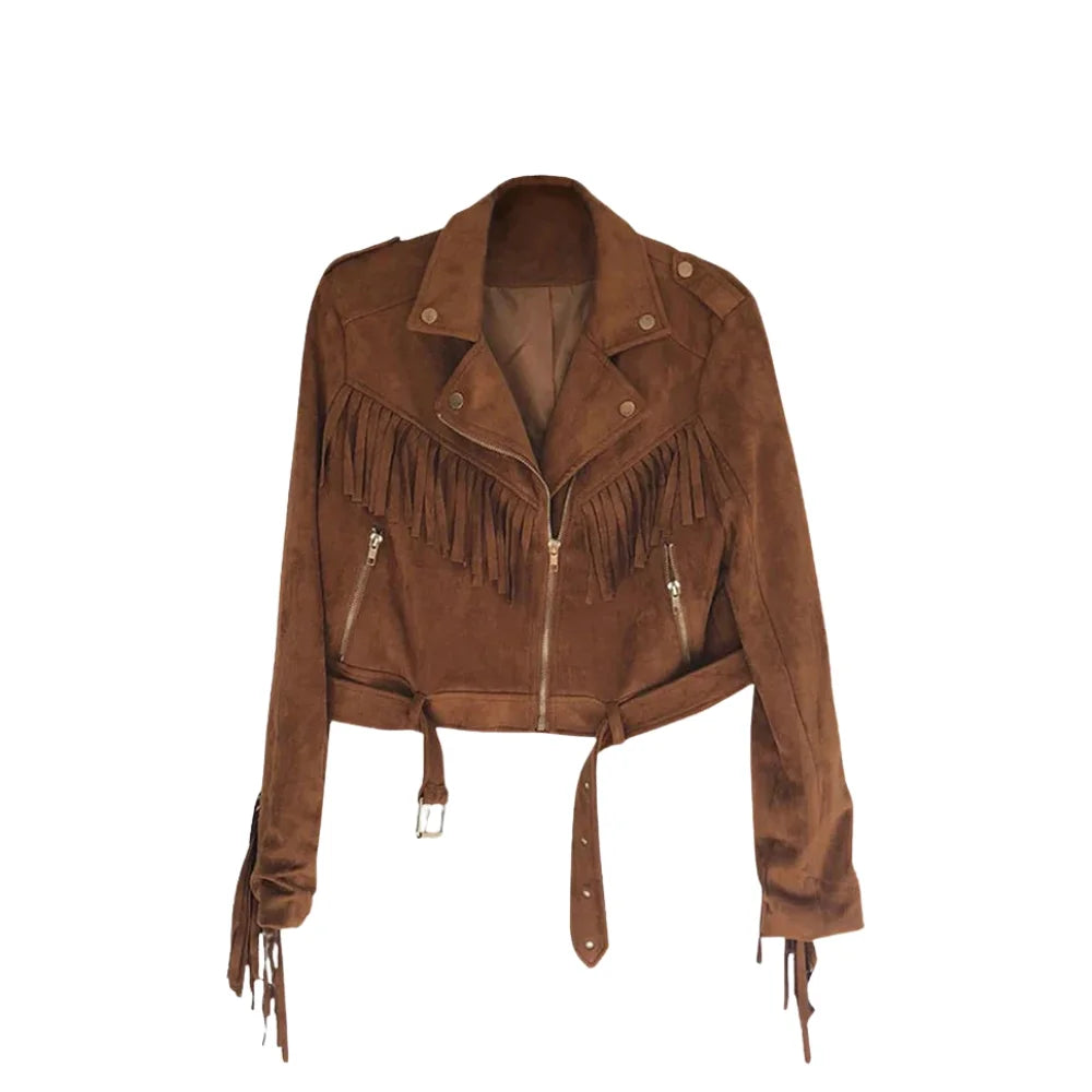 Vintage-Inspired Brown Suede Jacket with Fringe Detailing