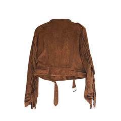 Vintage-Inspired Brown Suede Jacket with Fringe Detailing