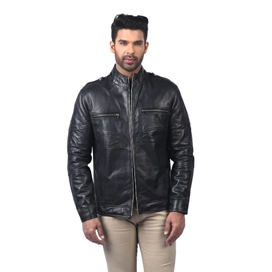 Black Leather Racing Jacket with White Stripes