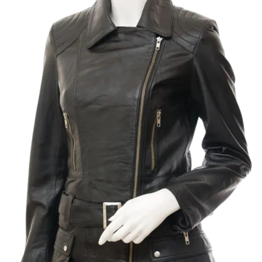 Women Black Belted Leather Jacket