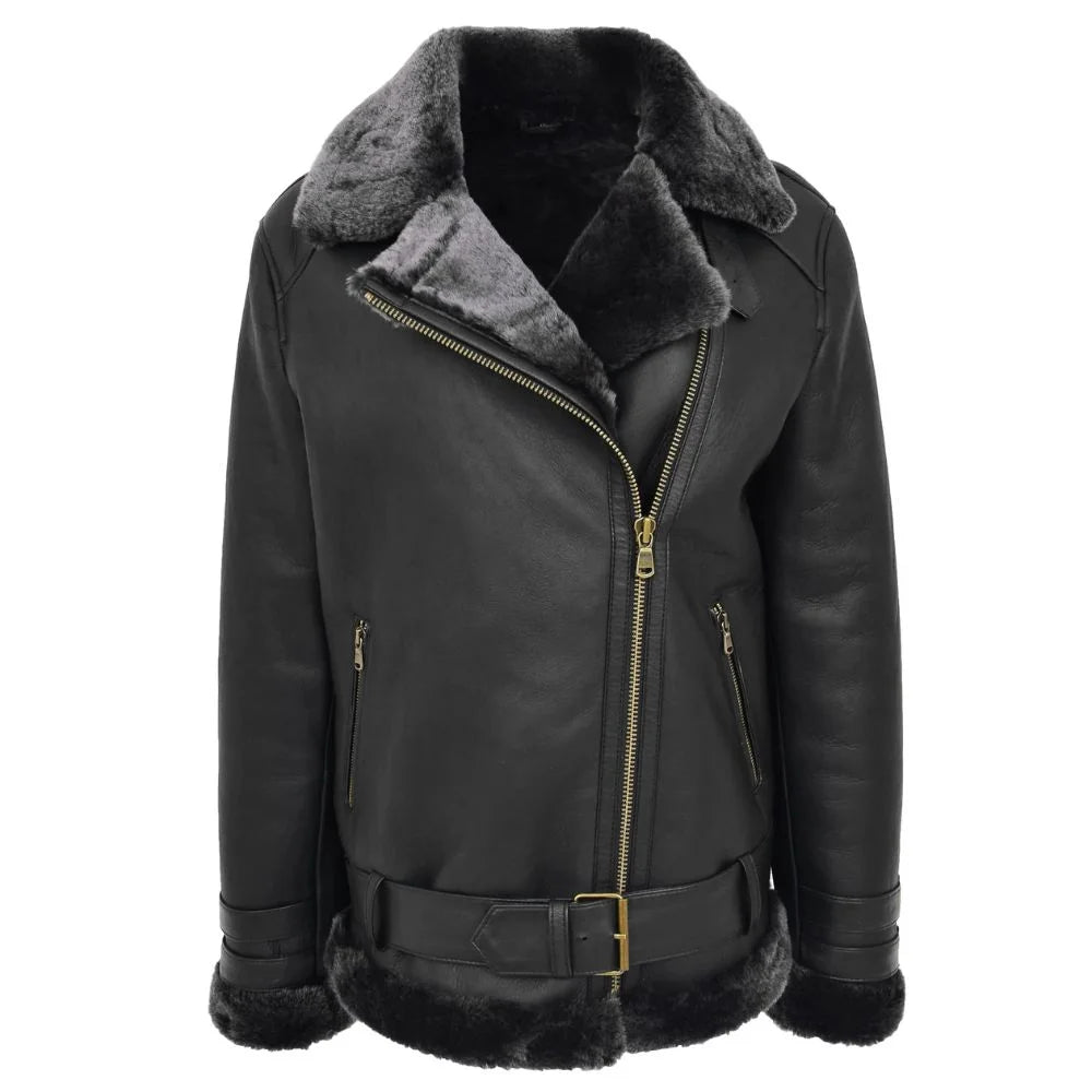 Women Black Belted Shearling Jacket