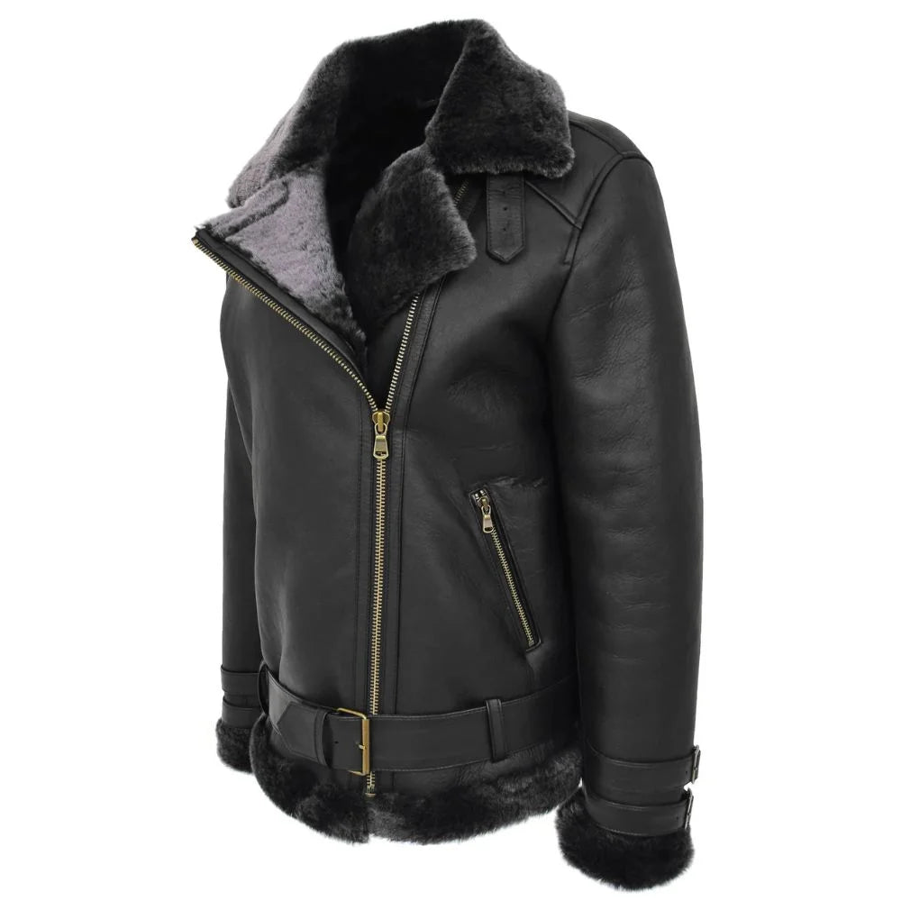 Women Black Belted Shearling Jacket