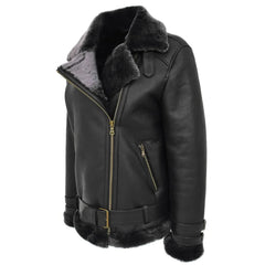 Women Black Belted Shearling Jacket