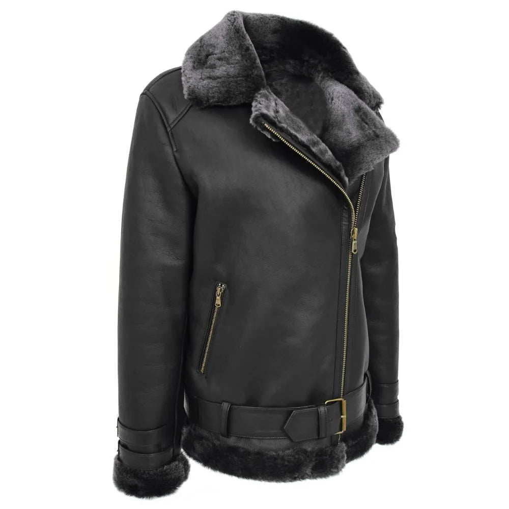 Women Black Belted Shearling Jacket
