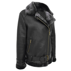 Women Black Belted Shearling Jacket