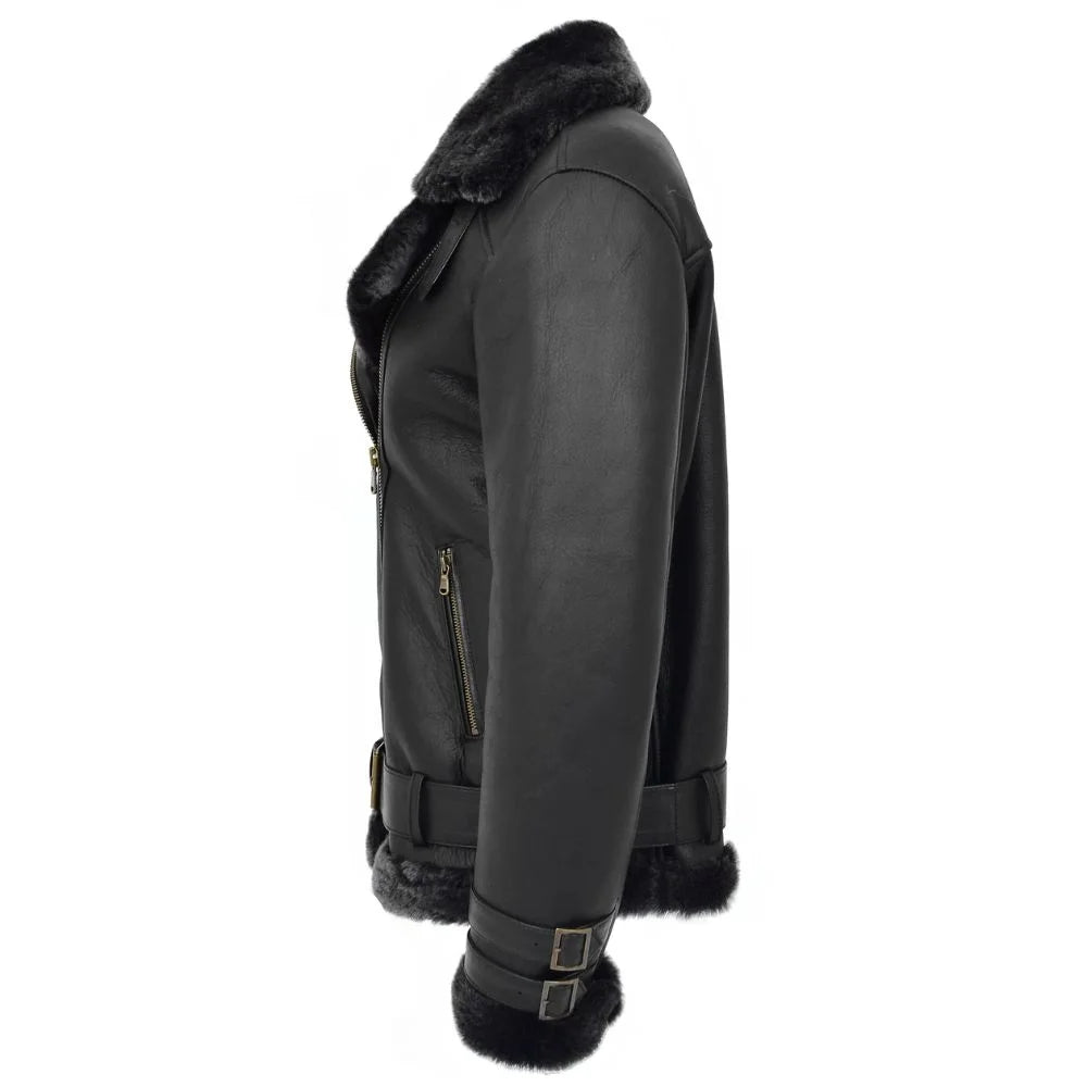 Women Black Belted Shearling Jacket