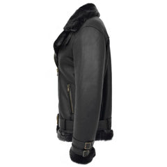 Women Black Belted Shearling Jacket