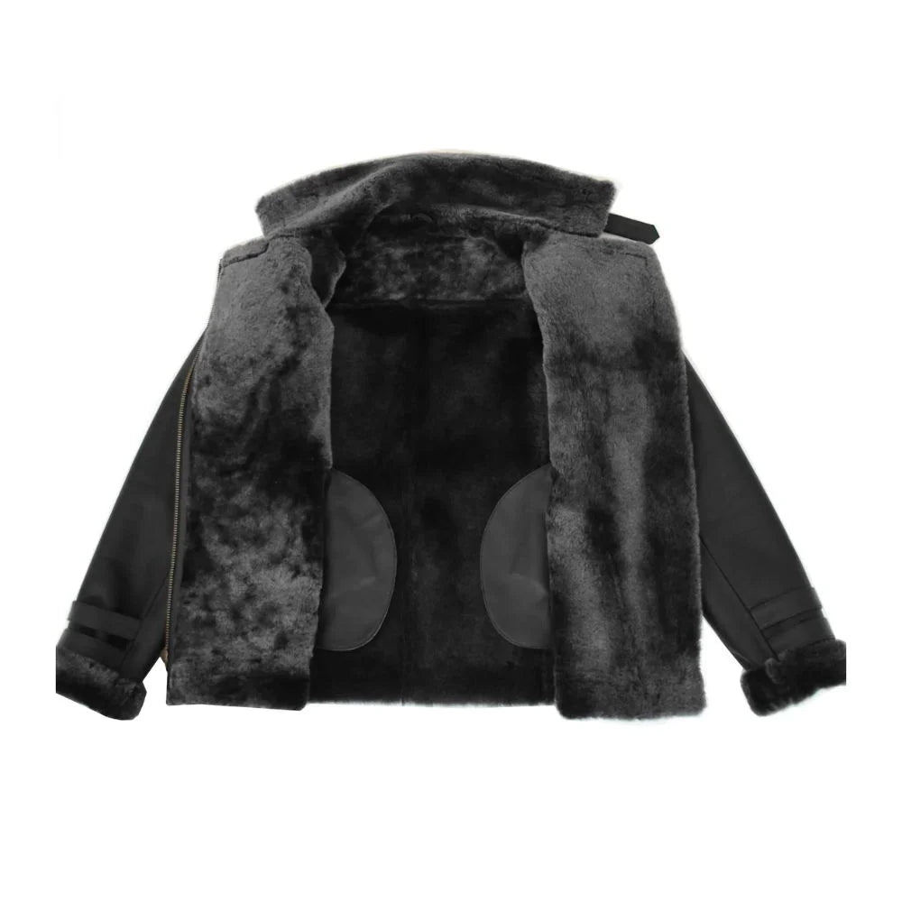 Women Black Belted Shearling Jacket