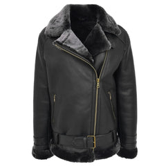 Women Black Belted Shearling Jacket