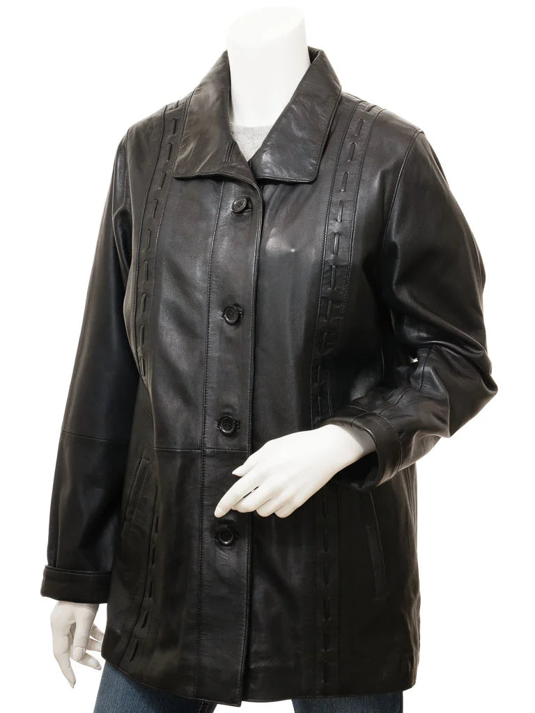 Women Black Button-Up Leather Coat