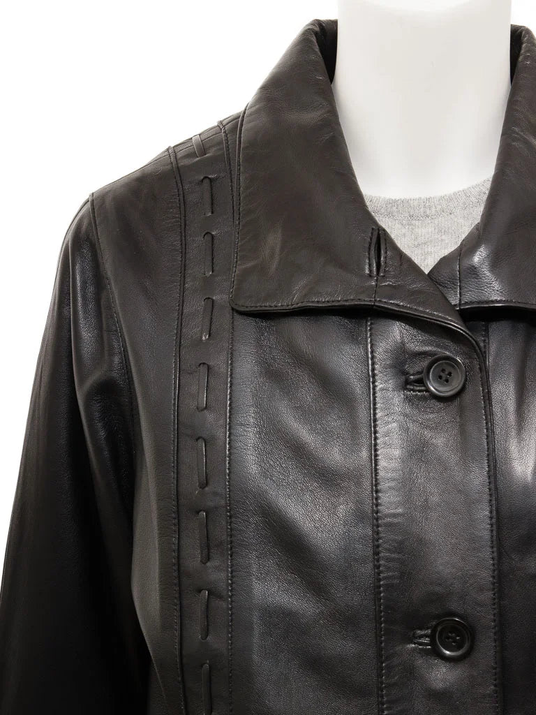 Women Black Button-Up Leather Coat