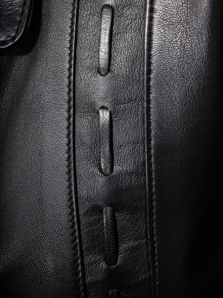 Women Black Button-Up Leather Coat