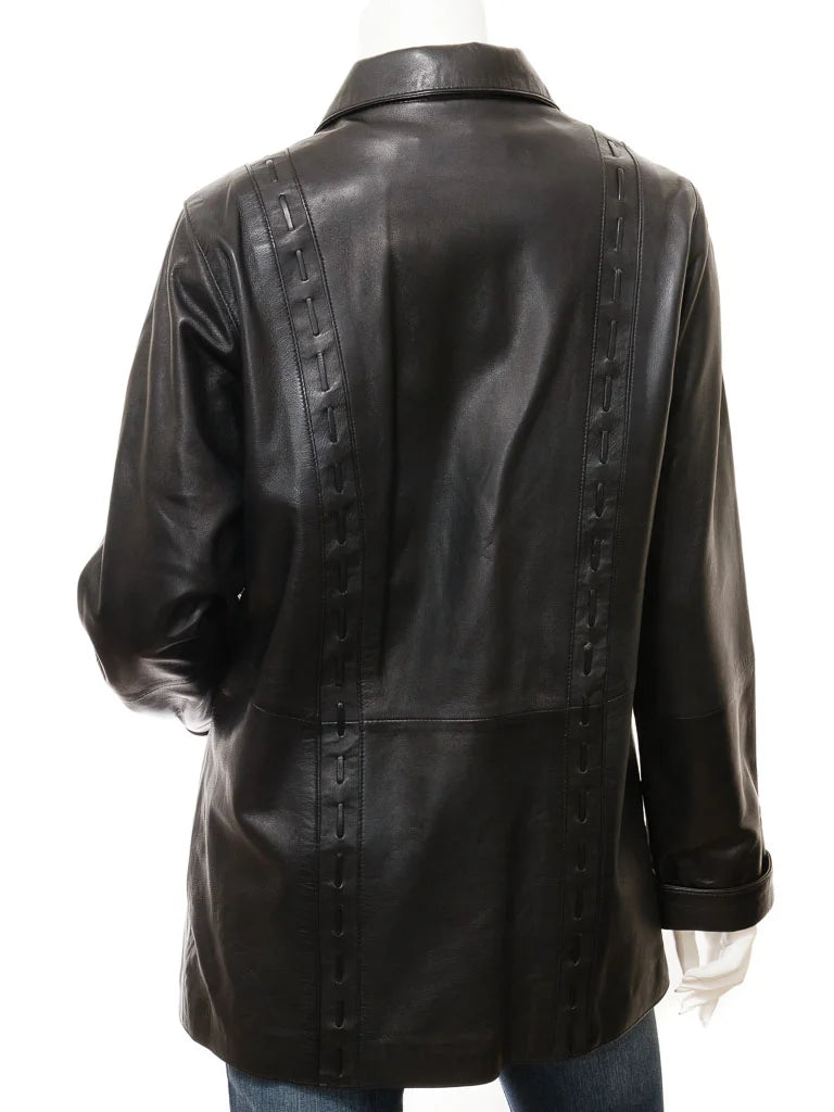 Women Black Button-Up Leather Coat