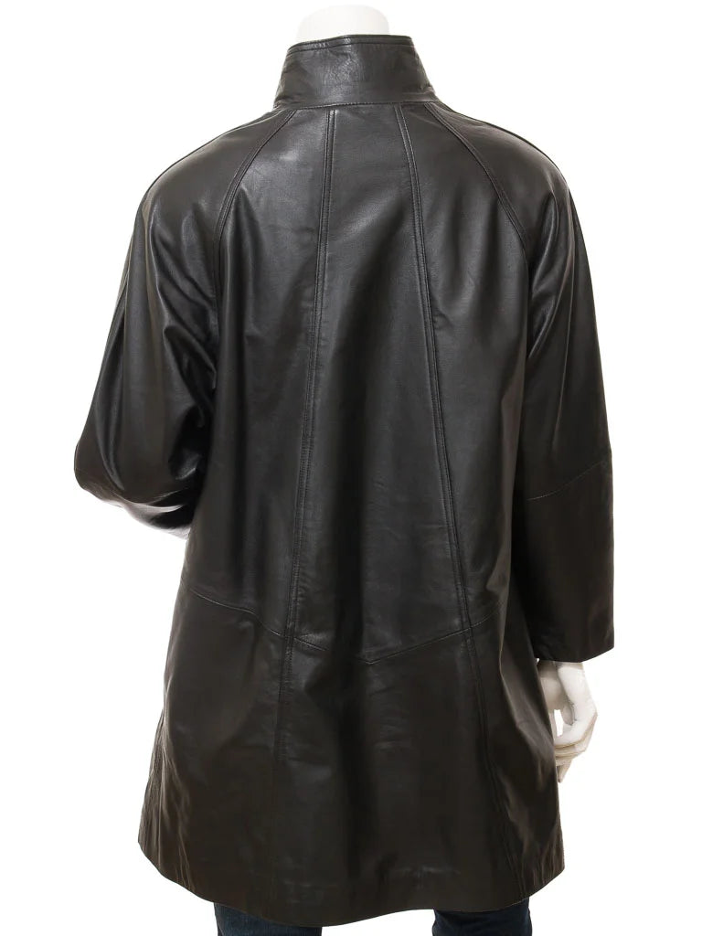Women Black High-Collar Leather Coat