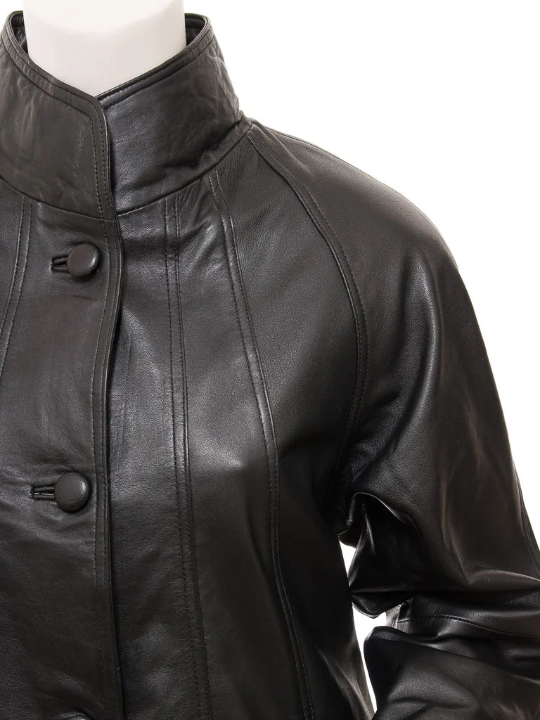 Women Black High-Collar Leather Coat
