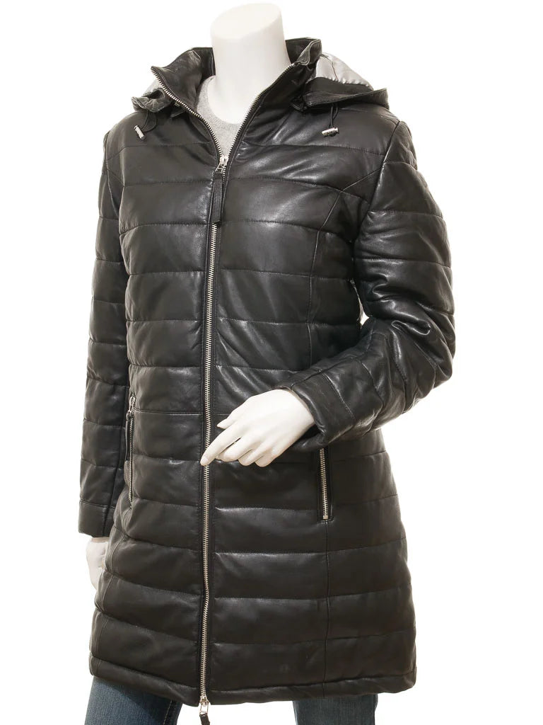 Women's Black Hood Puffer Leather Coat