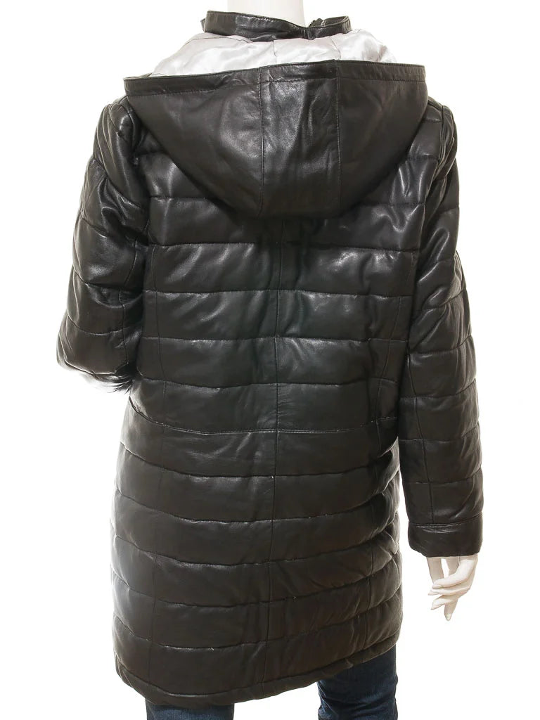 Women's Black Hood Puffer Leather Coat