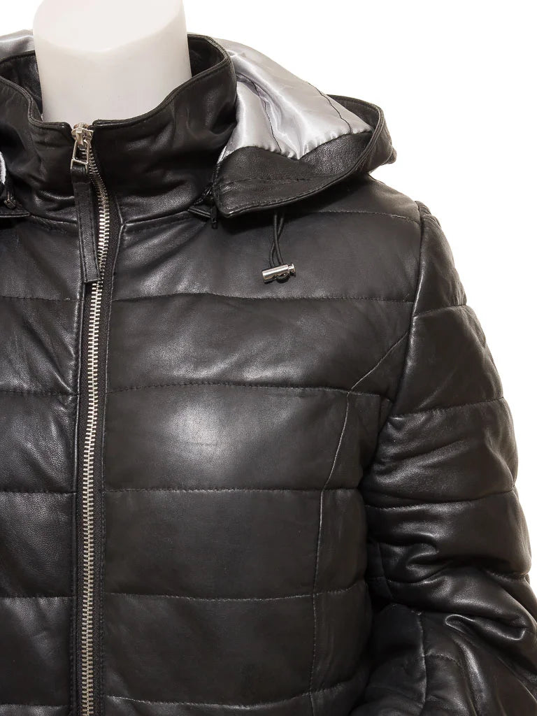 Women's Black Hood Puffer Leather Coat