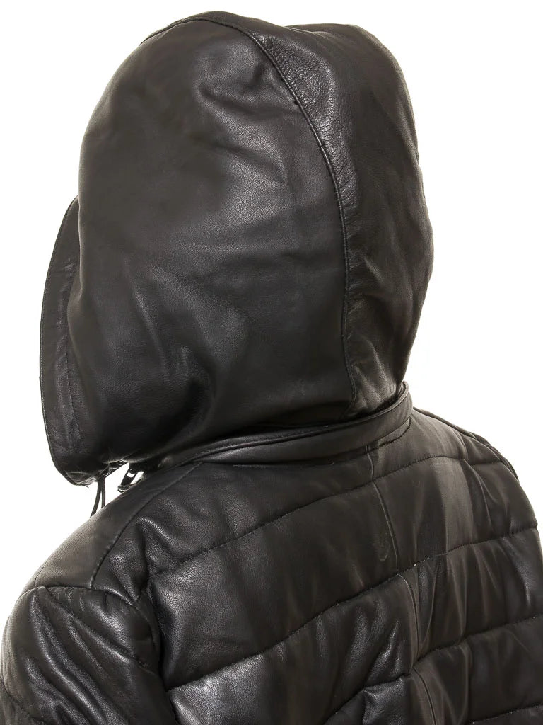 Women's Black Hood Puffer Leather Coat