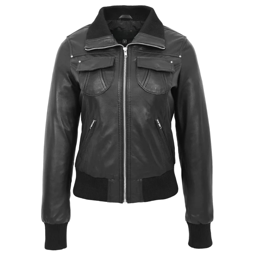 Women Classic Zip Up Black Leather Bomber Jacket