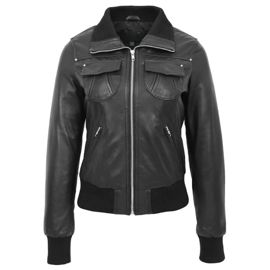 Women Classic Zip Up Black Leather Bomber Jacket