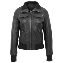 Women Classic Zip Up Black Leather Bomber Jacket