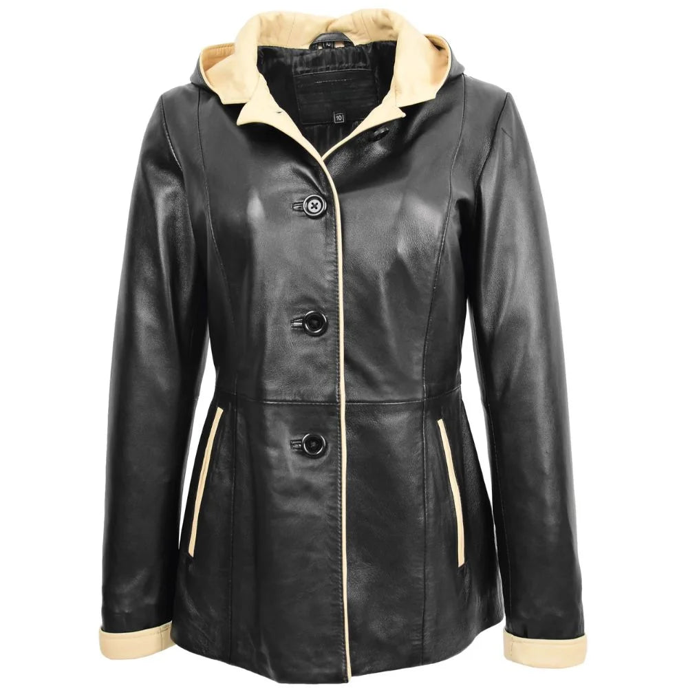 Women Black Leather Hooded Jacket