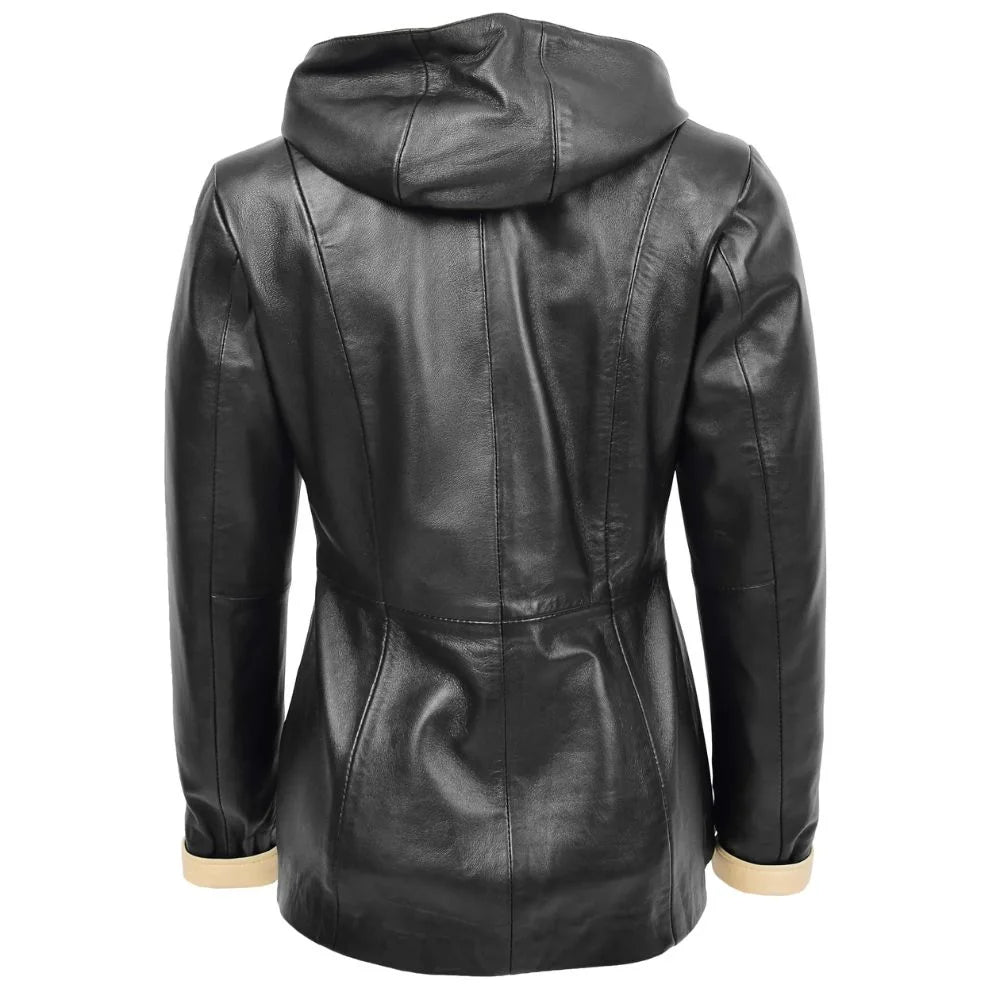 Women Black Leather Hooded Jacket