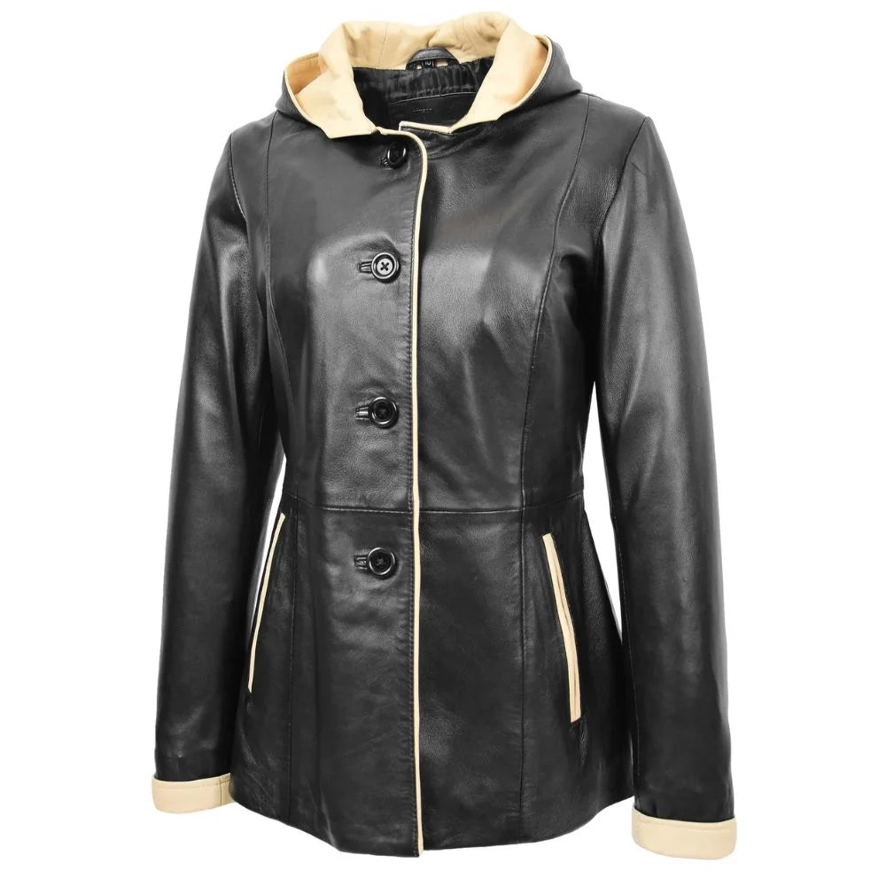 Women Black Leather Hooded Jacket