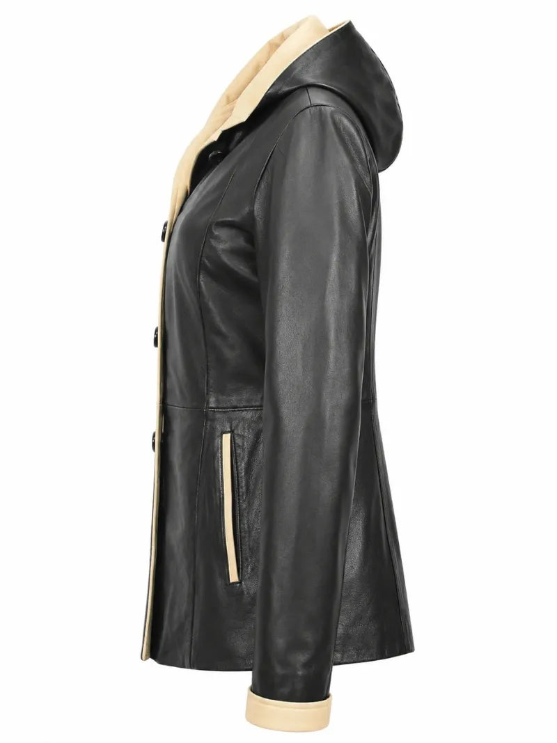 Women Black Leather Hooded Coat