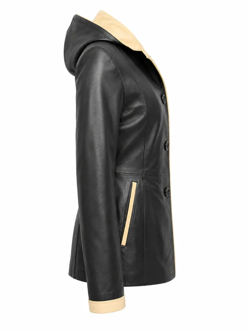 Women Black Leather Hooded Coat