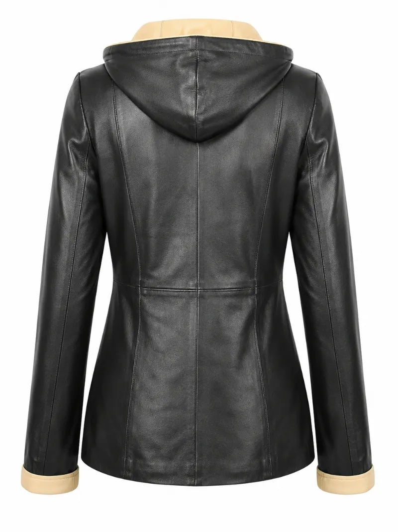 Women Black Leather Hooded Coat