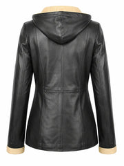 Women Black Leather Hooded Coat
