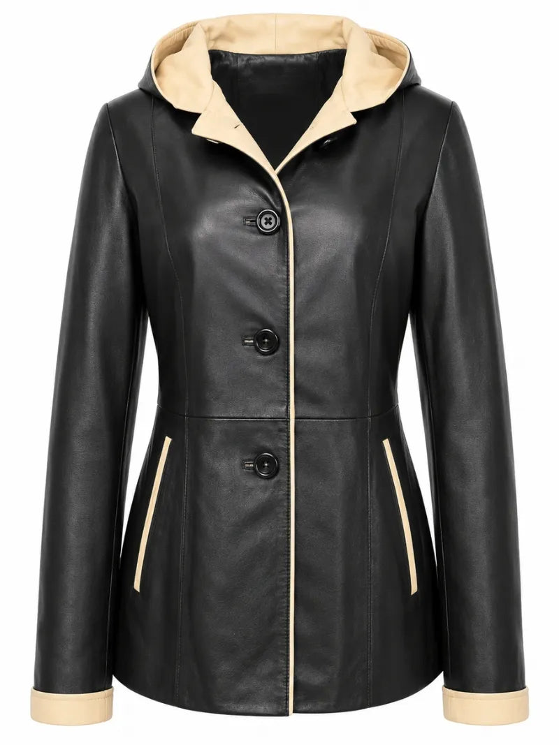 Women Black Leather Hooded Coat