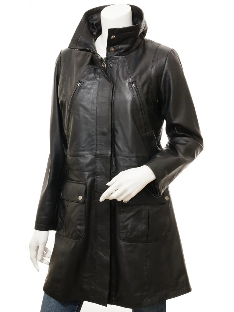 Women Classic Black Leather Long Coat
