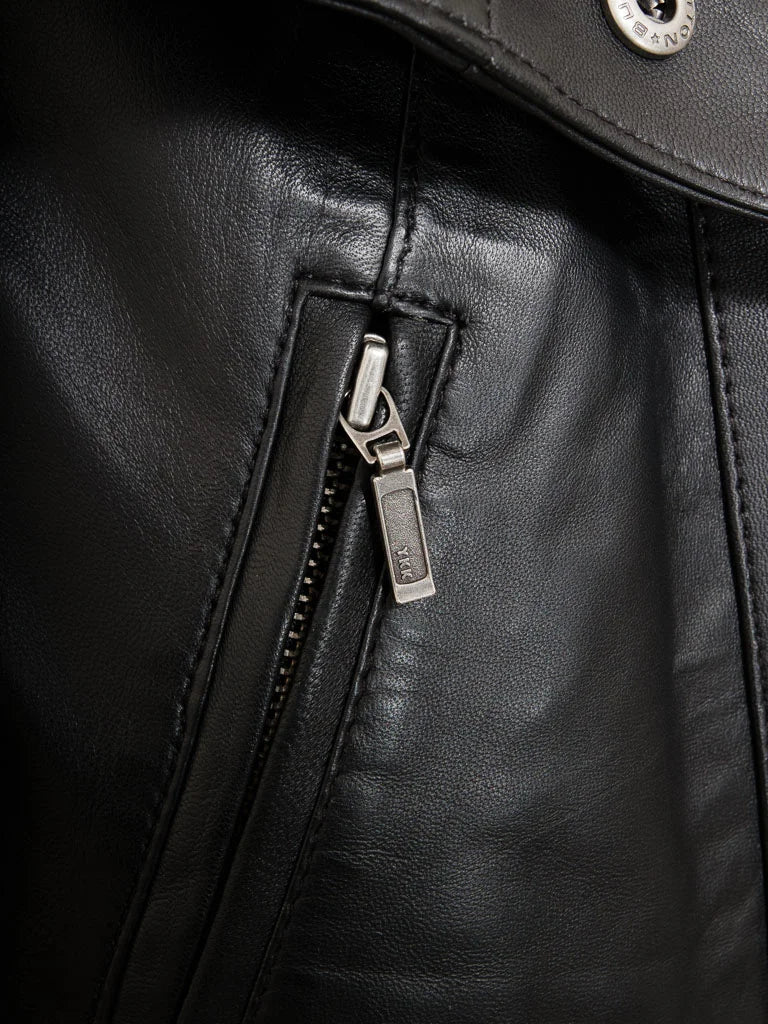 Women Classic Black Leather Long Coat