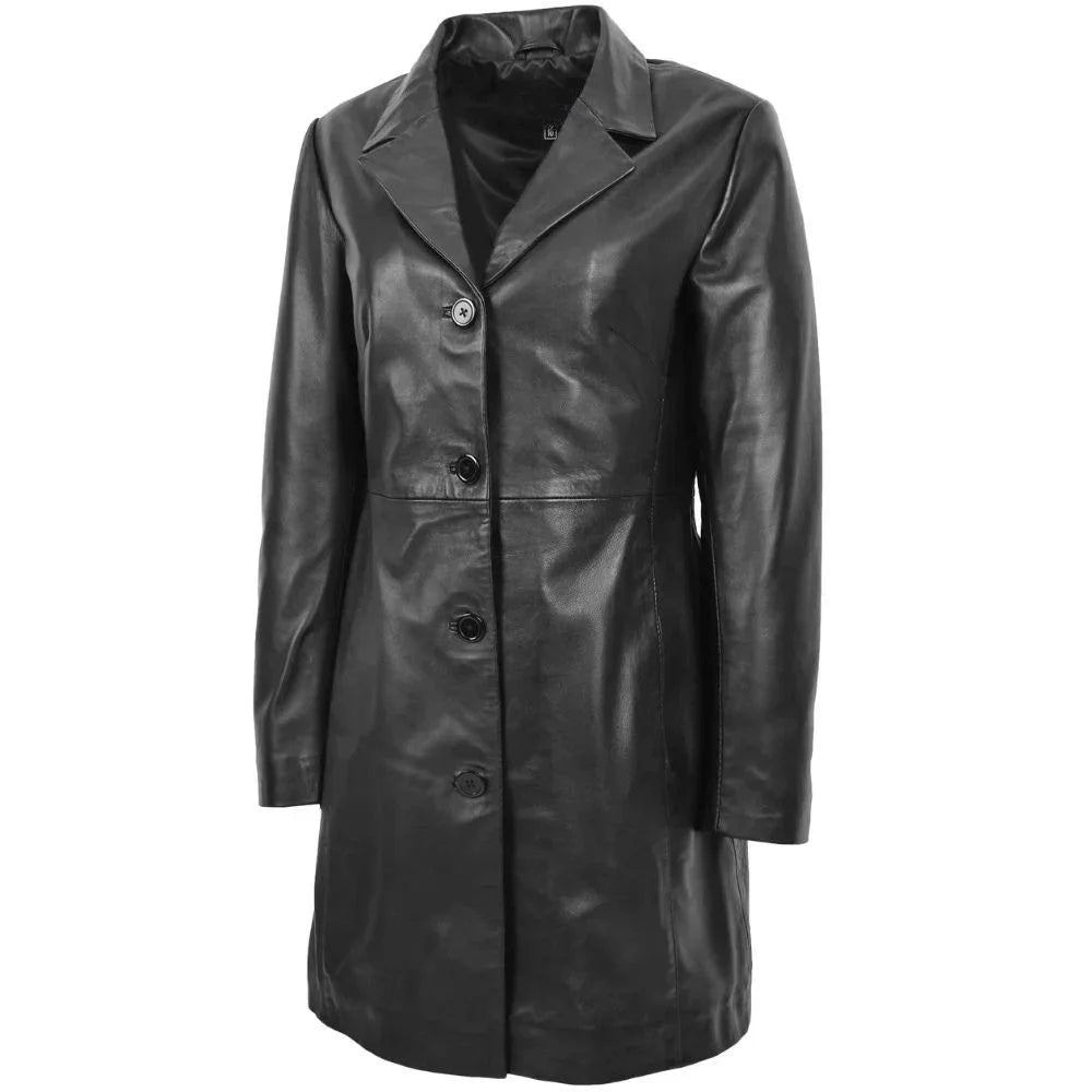Women Black Leather Long Coat
