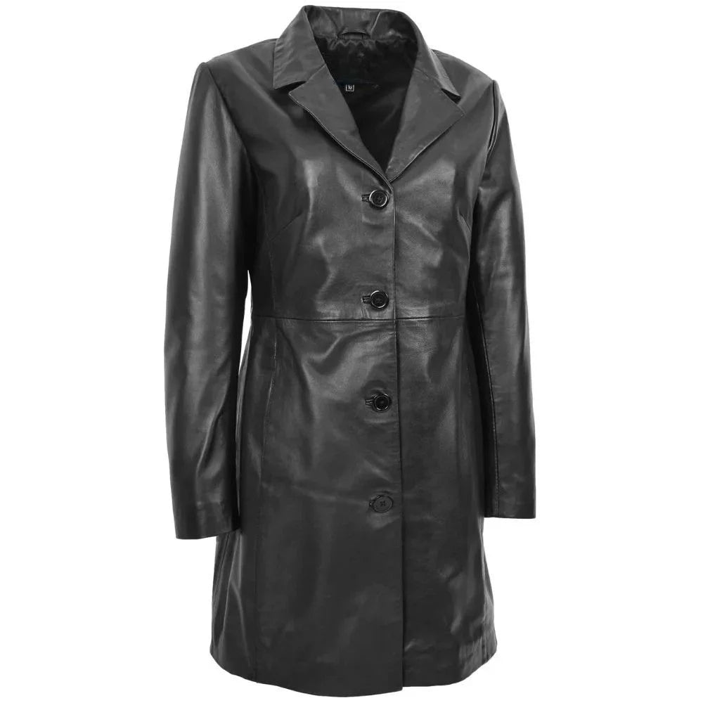 Women Black Leather Long Coat