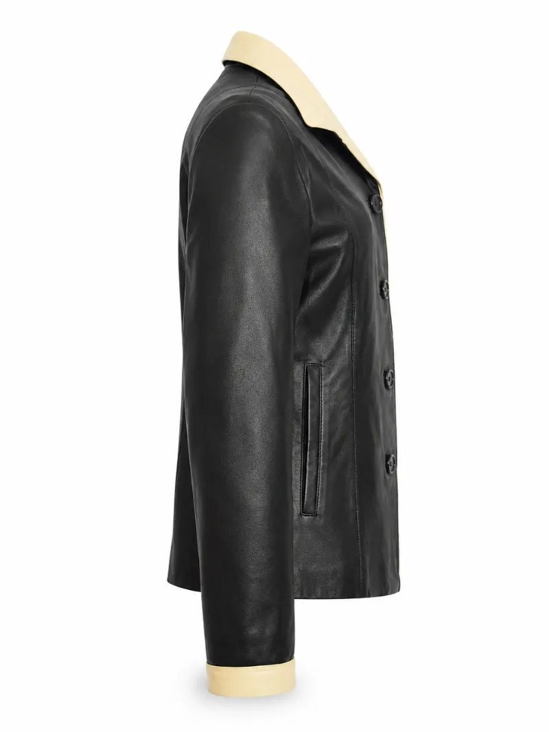 Women Black Leather Office Coat