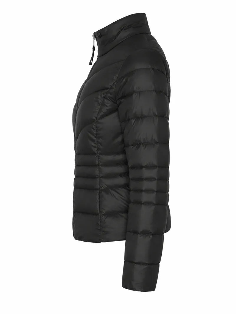 Women Black Puffer Jacket with Quilted Design