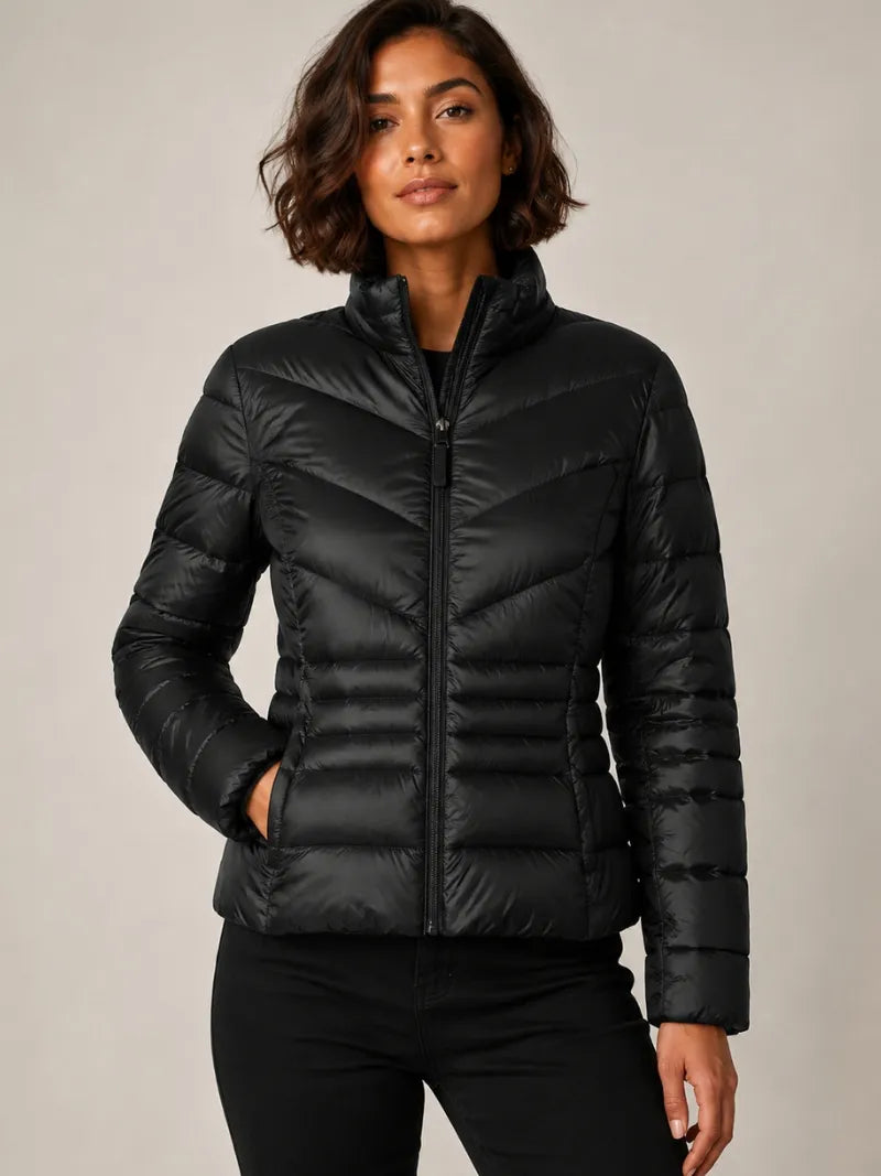 Women Black Puffer Jacket with Quilted Design
