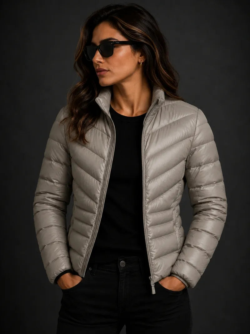 Women Black Puffer Jacket with Quilted Design